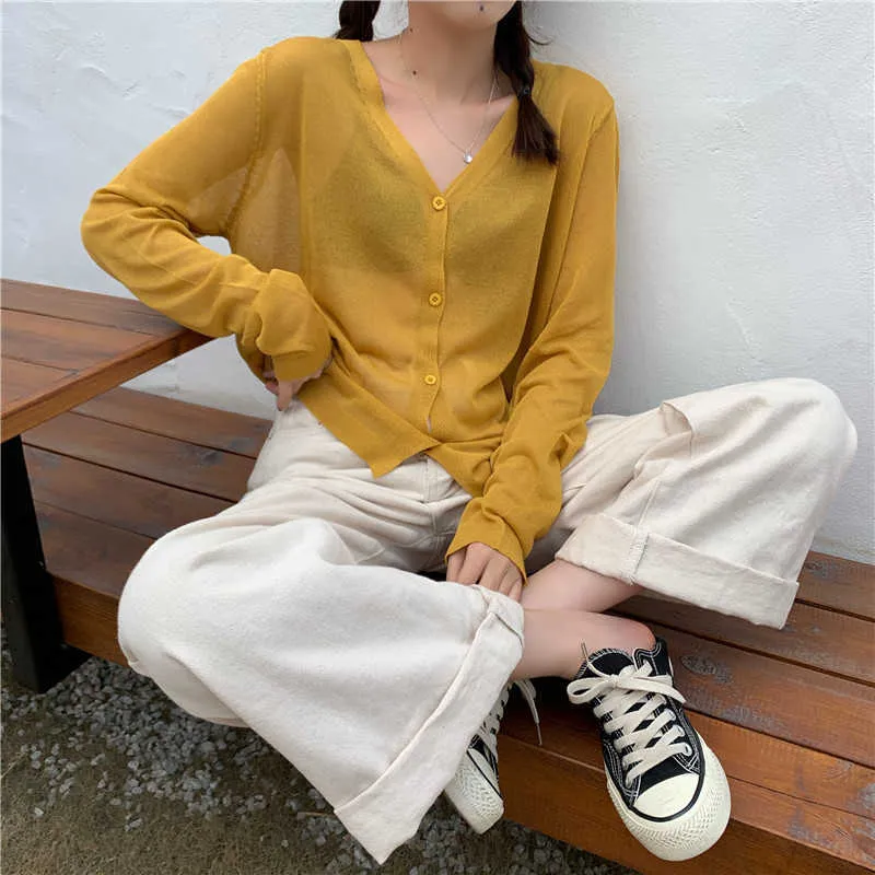 Cardigan Women Korean Long Sleeve Summer Cropped Knitted V neck Thin Ice Silk Sweaters Sunscreen Shirt Tops 211007