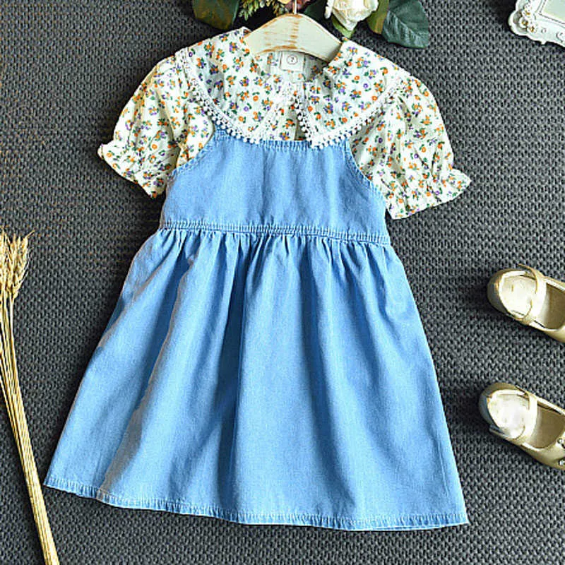 Summer Girls' Clothing Sets Style Lace-Side Puff Sleeve Lapel Top +Sling Dress Baby Kids Clothes Suit Children 210625