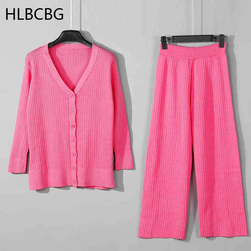 HLBCBG Tricoté Femmes Ensembles Surdimensionné Longue Droite Pantalon costumes Surdimensionné Côtelé Cardigan Chandail Large Jambe Pantalon Survêtements 211116