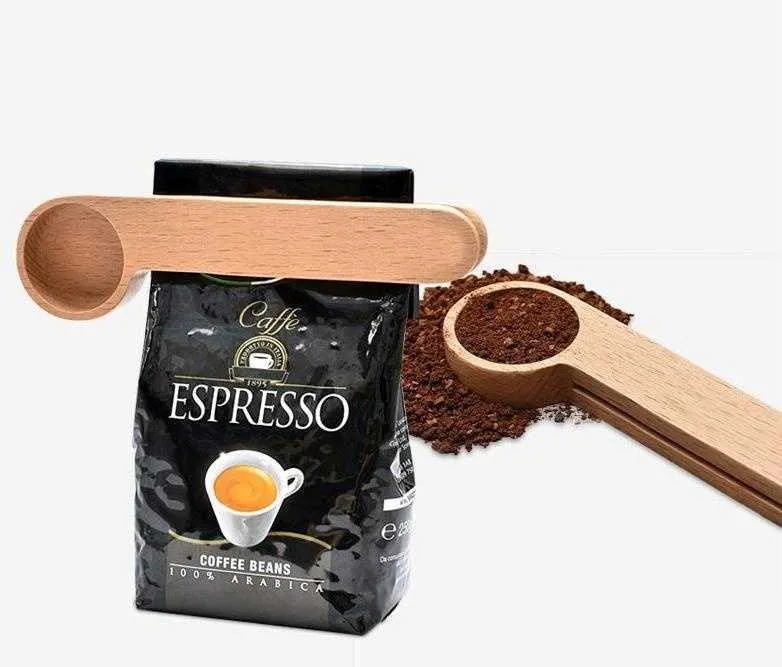 16cm 2 In 1 Wooden Coffee Scoop And Bag Clip Solid Beech Wood Measuring Spoon Coffee Bags Sealer Suitable