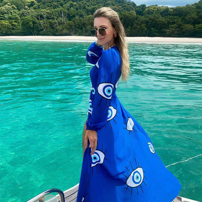 Super Quality Comfortable Fabric Wrinkle-free Blue Eyes Chiffon Tunic Sexy Beach Dres Wear Swim Suit Cover Up D3 210722