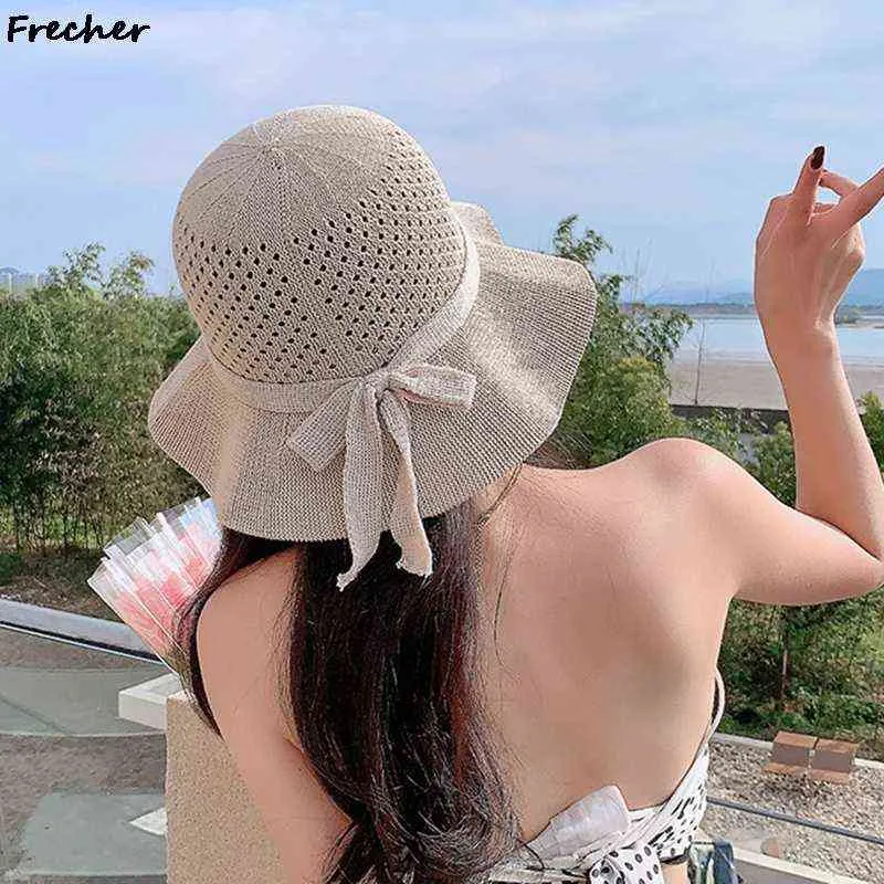 Women's Summer Wave Sun cap female Beach bow openwork knit bucket hat folding outdoor travel shade fisherman hat G220301