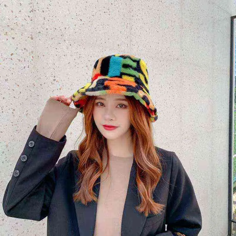 Harajuku Bucket Hat Graffiti Lettre imprimé fausse fourrure épais chapeaux d'hiver chaud pour femmes Lady Bob Panama extérieur en peluche de pêcheurs y262s