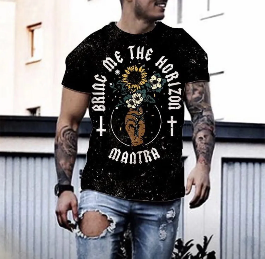 T-shirt manches courtes col rond pour hommes, européen et américain, impression 3D, crâne, main, rose, tendance de rue, 2021