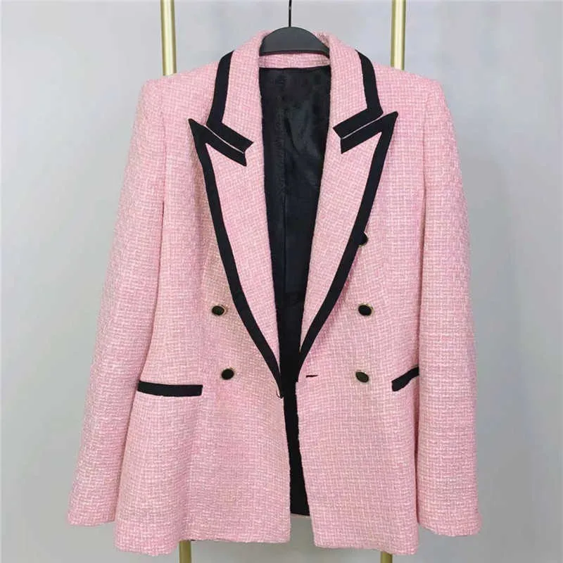 ZA elegante chaqueta rosa texturizada mujer manga larga contraste ribete doble botonadura Blazers mujer moda lindo abrigo prendas de vestir exteriores 211006