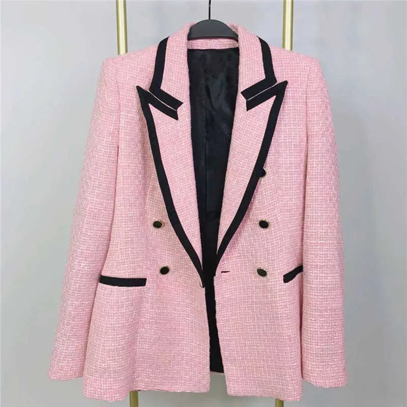 ZA élégant rose texturé Blazer femmes à manches longues contraste passepoil Double boutonnage Blazers femme mode mignon manteau survêtement 211006