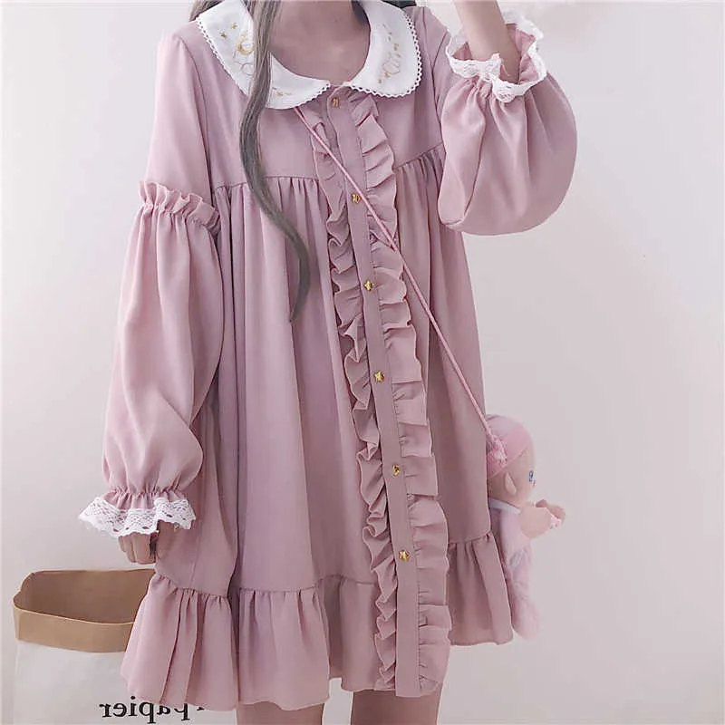 Woherb 2021 Printemps Automne Robe Femmes Harajuku Rose Dames Volants Dentelle Patch Kawaii Robes Lolita Cosplay Doux Lâche Robes Y0726