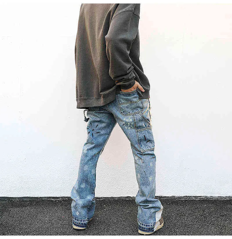 Distresses Splash Ink Flare Jeans Urban Streetwear Patch Mens Graffiti Uitlopende Hip Hop Gewassen Blauw Slanke Fit Denim Broek Heren 211111