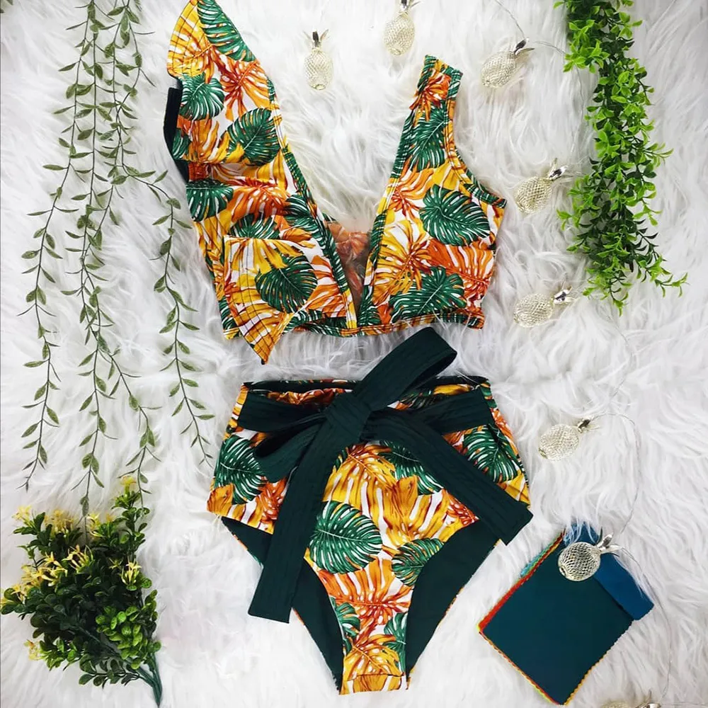 High Waist Bikini 2021 Ruffle Swimwear Women Print Sexy Swimsuit Push Up Bikinis Plus Size Bathing Suits Bow Beach Wear 210305