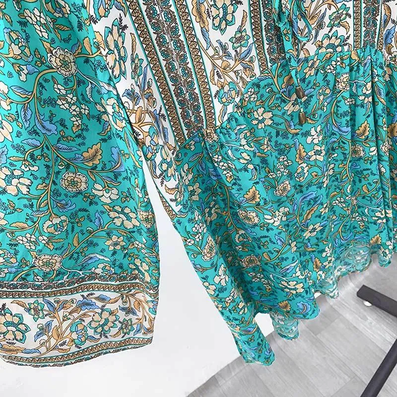 BOHO INSPIRED top estivo floreale verde nappa cravatta camicetta da donna bottoni in cotone top da donna bohemien gypsy layies top vacanze 210302