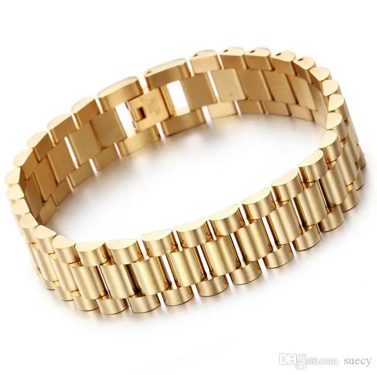 Hot Fashion 15mm Luxury Mens Womens Watch Band Bracelet Hiphop Gold Silver Stainless Steel Watchband Strap Cuff Bangles Jewelry