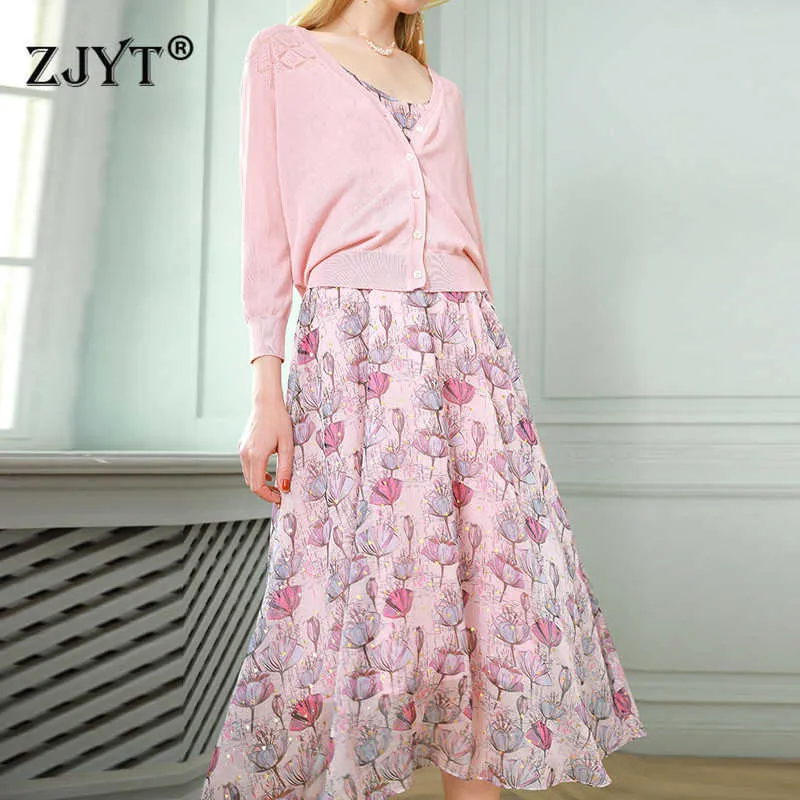 Модные дизайнеры весенние халаты элегантные женщины с длинным рукавом полые кардиганы вязаные верхний и цветочный ремешок платье 2 шт. Костюмы 210601