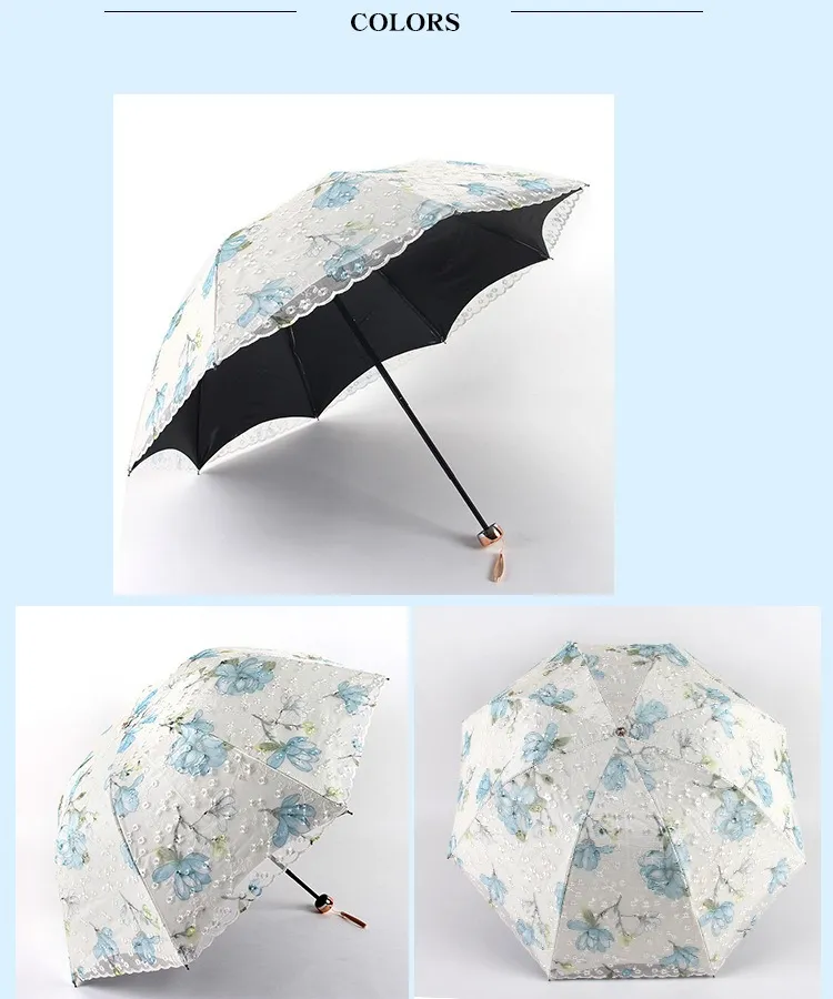 Trois plis Pluie Paraguas Mujer Parasol Broderie Dentelle Conception Coréenne Protection UV Parapluie Soleil pour Femmes