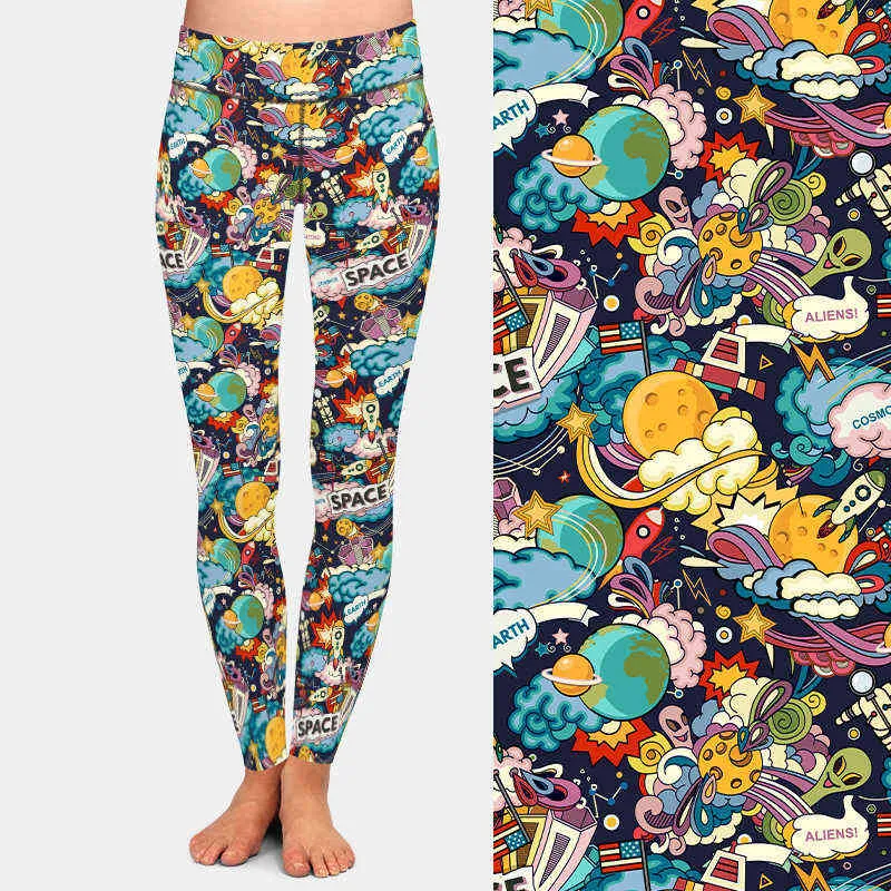 LETSFIND Women Fitness Leggings 3D Cartoon Space Doodle Stampa digitale Vita alta Plus Size Fashion 210925