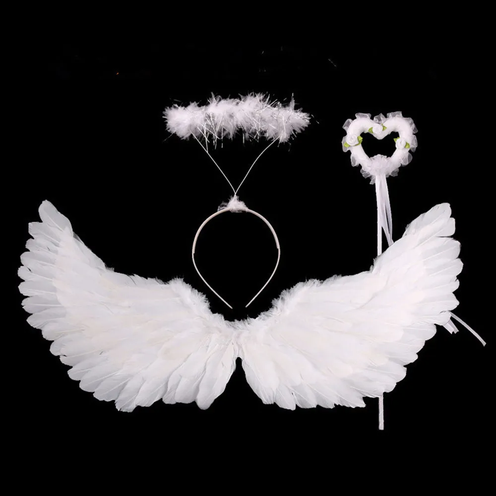 Sparkly Pure White Angel Tutu Dress Feather Wing Wands Outfits Fancy Kids Dresses Angel Costume for Girls Birthday Party Clothes 210303