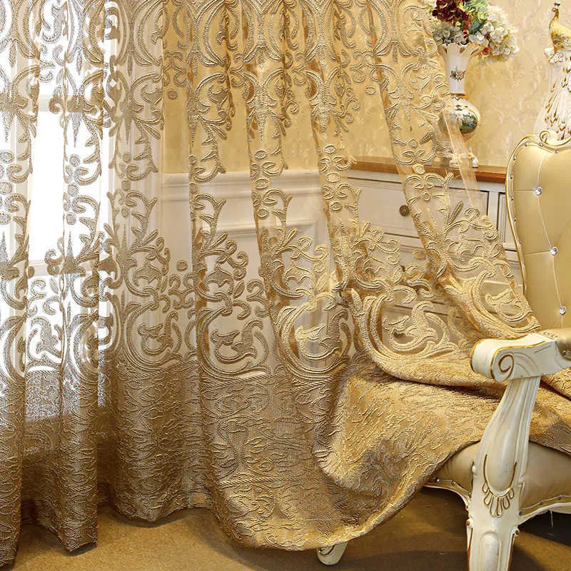 Luksusowy haftowany tiulowa kurtyna do salonu Hollow Out Gold Floral Półprzezroczyste tkaniny francuskie obróbki okna Drobe ZH431C 210712