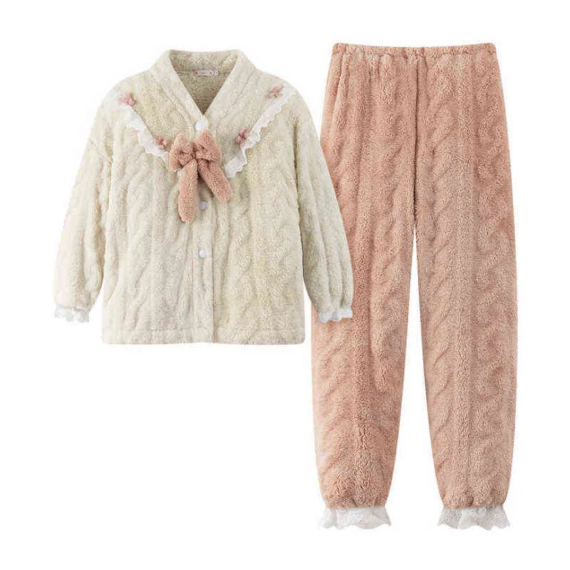 Winter Warm Flannel Women Pajamas Sets Thick Coral Velvet Long Sleeve Fleece Sleepwear Home Suits Ladies Terry Nightwear Pijama 211211