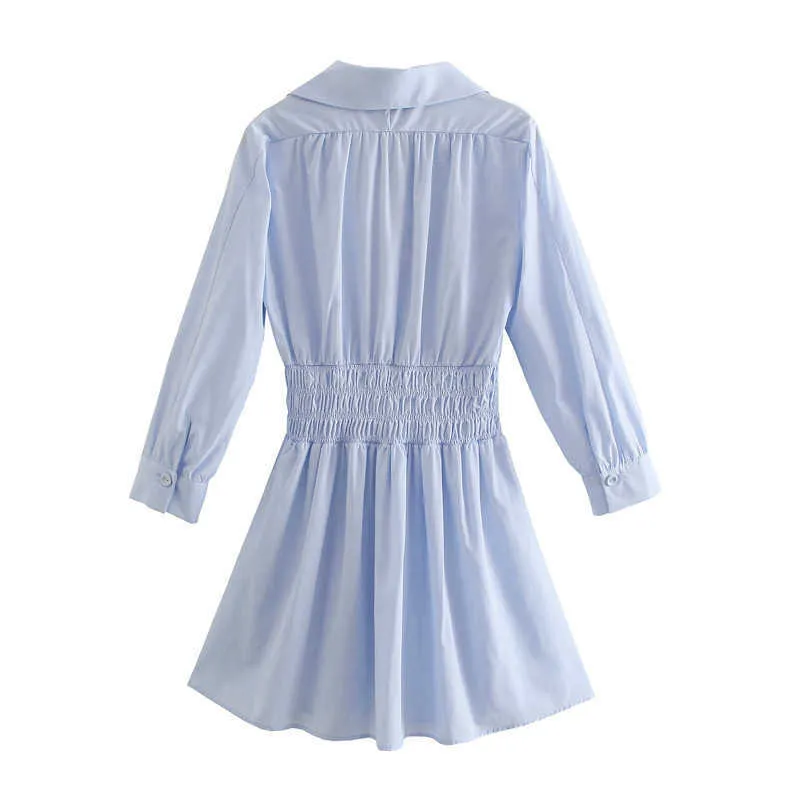 Za Spring Elastic Waist Pleated Dress Women Long Sleeve Smocked Sky Blue Office Lady Dresses Woman Elegant Mini Dress 210602