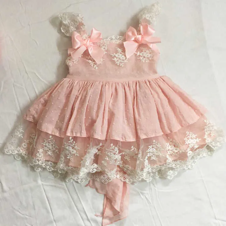 Dzieci butikowe ubrania małe dziewczynki hiszpański różowy koronki sukienki dziewczynka Hiszpania lotia frocks niemowląt lato chrzest sukienka 210615