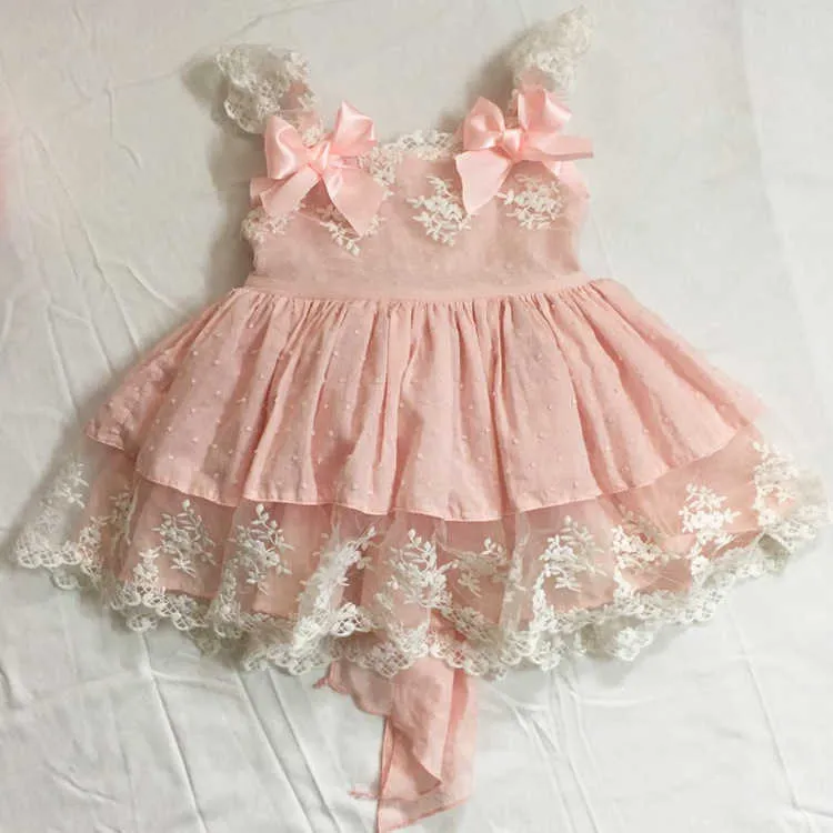 Çocuk Butik Giyim Küçük Kızlar İspanyol Pembe Dantel Elbiseler Bebek Kız İspanya Lotia Frocks Bebek Yaz Vaftiz Elbise 210615