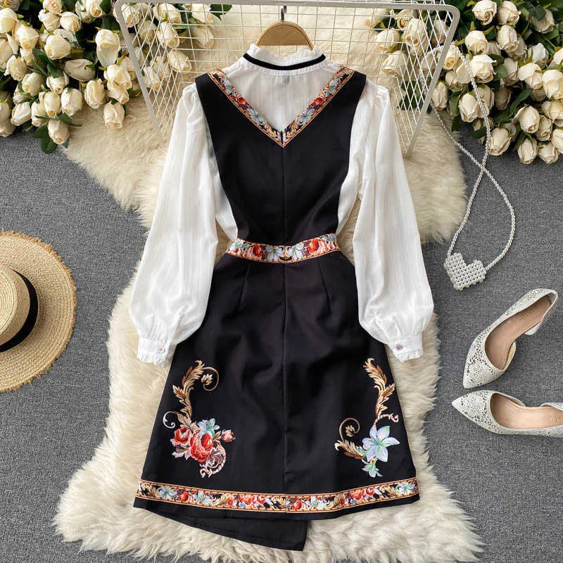 2021 Spring Autumn Elegant Set Overalls Dress Women Bow Collar White Shirt Top+ Irregular Flower Print V-Neck Vest Dress X0705