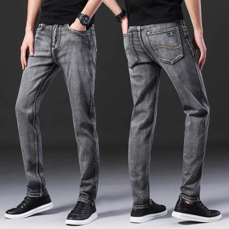 Printemps Été Hommes Classique Gris Jeans Élastique Hommes Stretch-Fit Mince Jeans Business Casual Style Classique 210622