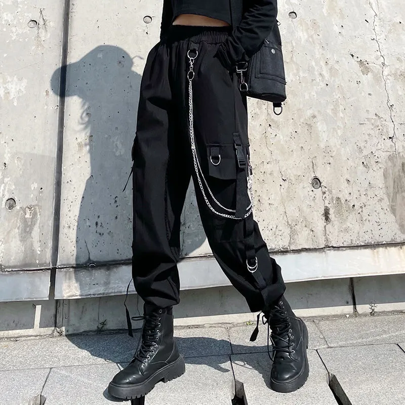 Fleece Womens High Waist Cargo Pants Winter Sportswear Pants Harajuku With Chain Female Cargo Pants Elastics Trousers