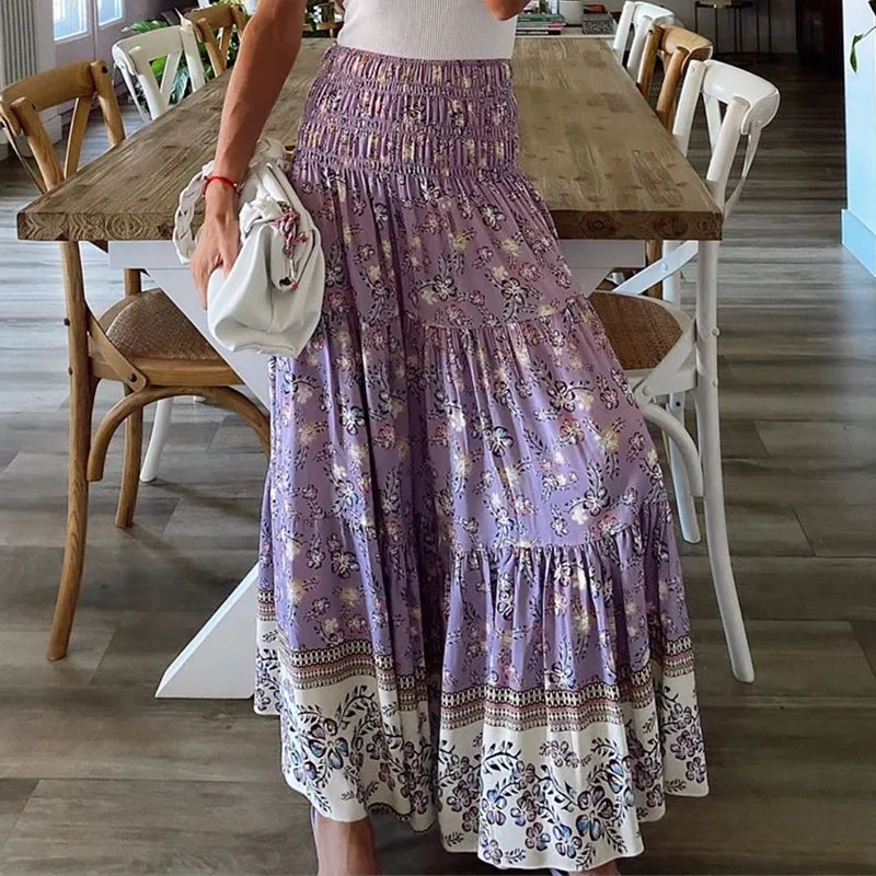 Kvinnor Kjol Hög midja Bohemian Skirts Plus Size Vintage Sexig Strand Lång för Sommarkläder 210524