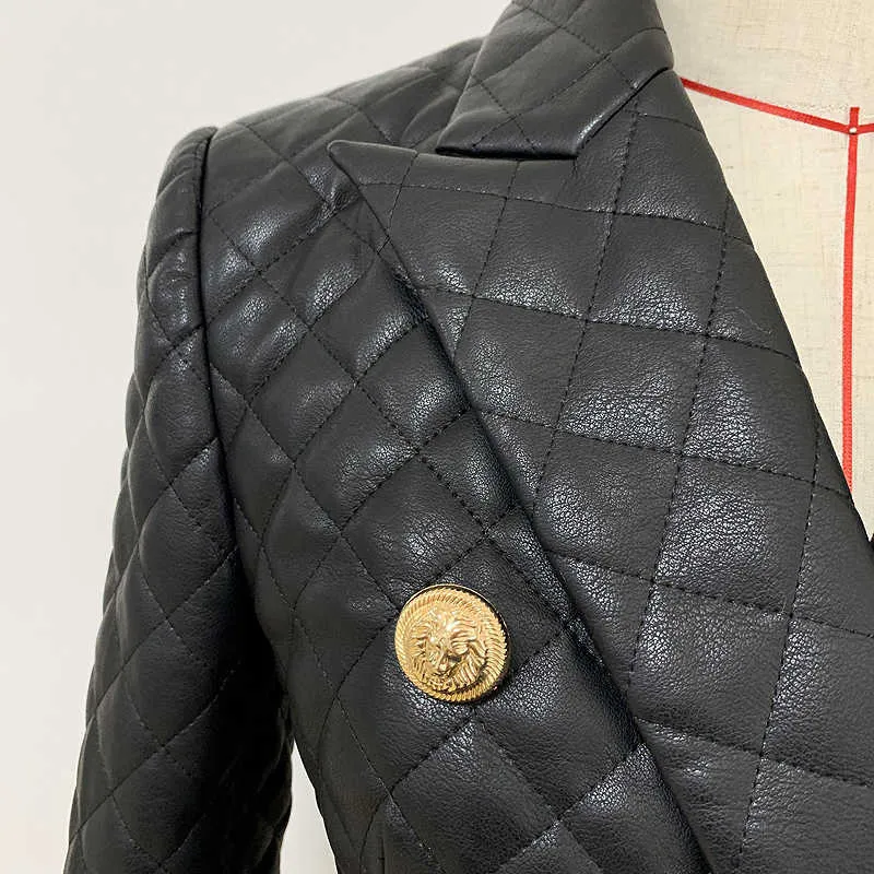 Topkwaliteit EST Designer Jacket Dames Double Breasted Lion Buttons Grid Naaien Synthetische lederen Blazer 211006