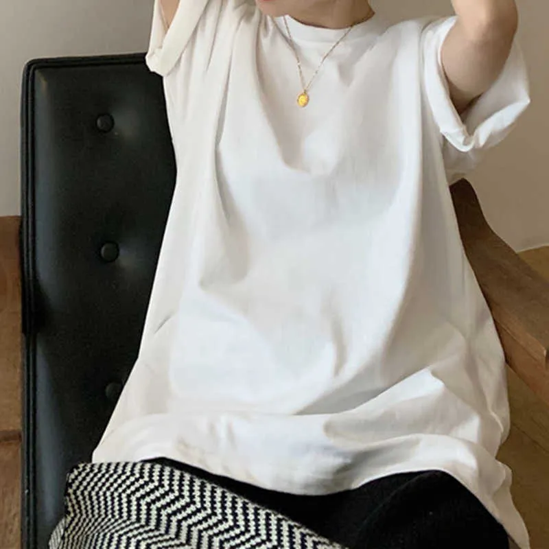 Aelegantmis Bottoming White Loose Short T Shirts Femmes Oversize Basic O Neck Tops Femme Solid Sleeve Korean Chic 210607