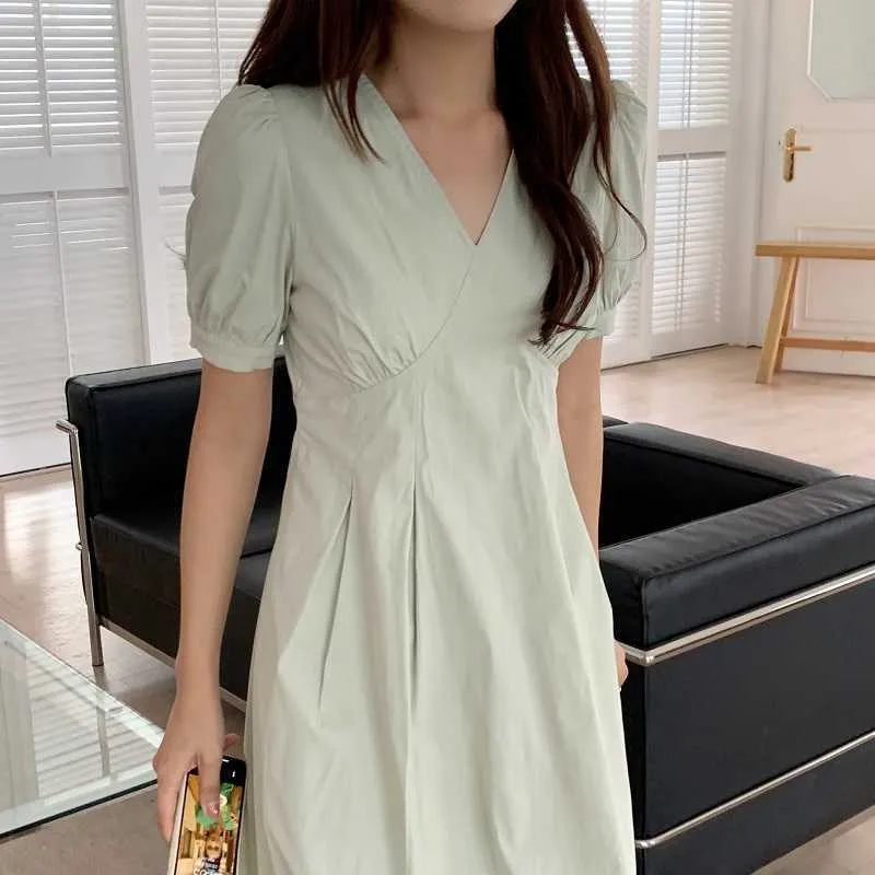 Sweet V-Col Casual Fashion Femme All Match High Taille Robes Bref Solide Filles Summer Vintage Robes 210525