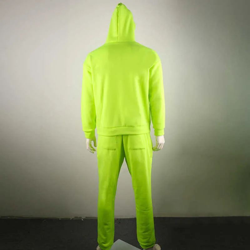 OMSJ 2021 Fashion Neon Style męskie zestawy fluorescencyjna zielona bluza z kapturem + spodnie dresowe dwuczęściowy jesienno-zimowy dres codzienny Y0831