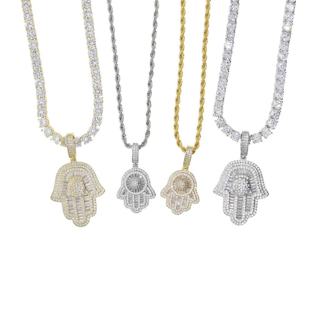 Design Trendy Hamsa Hand Von Fatima Anhänger Halsketten Hip Hop Baguette Cz Für Frauen Männer Mode Türkischen Schmuck Ganze