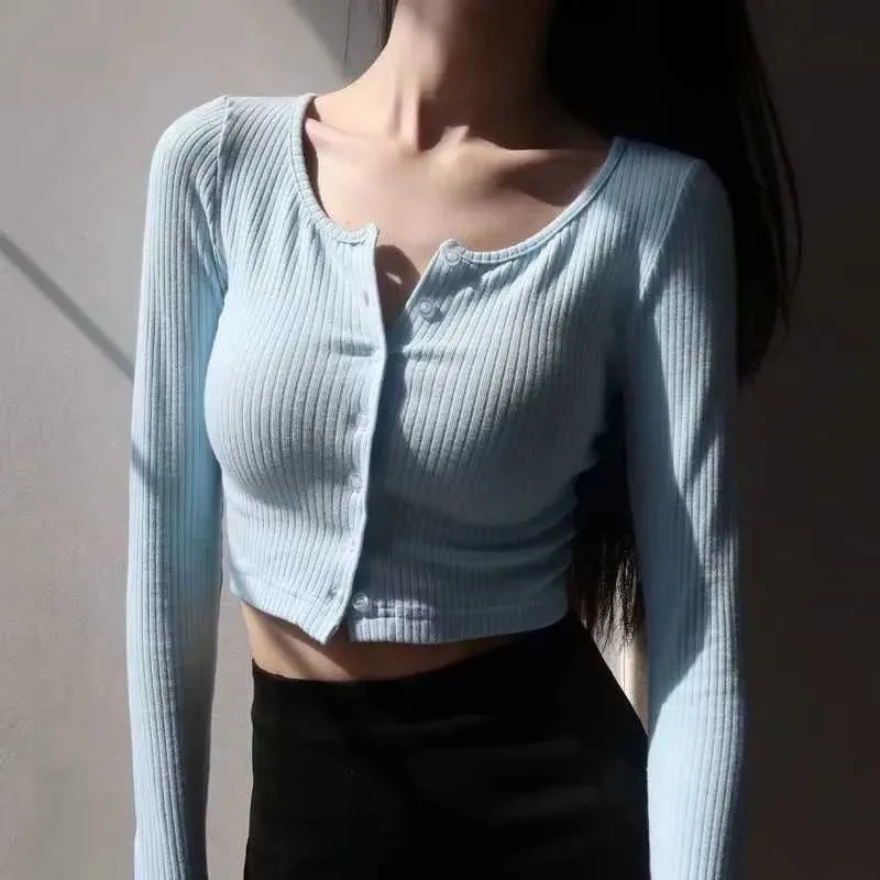 Korean sweater women purple cardigan sexy long sleeve crop o neck button up vintage ribbed green 210914