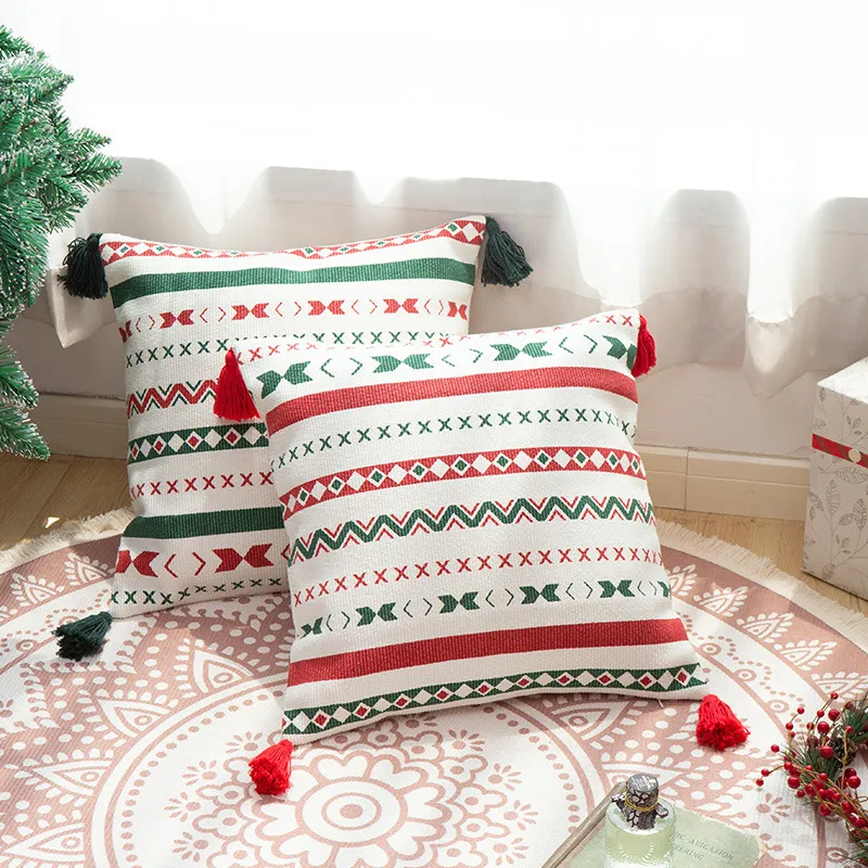 Kissenbezüge „Merry Christmas“, dekorative Couch-Kissenbezüge, quadratische Kissenbezüge aus Baumwolle mit Quaste für Sofa, Couch, Bett 201009