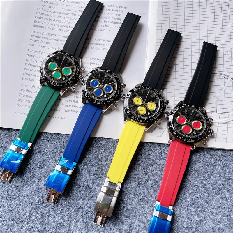Brand Watches Men Multifunction 3 Dials Style Colorful Rubber Strap Good Quality Quartz Wrist Watch Small Dials Can Work X199229d