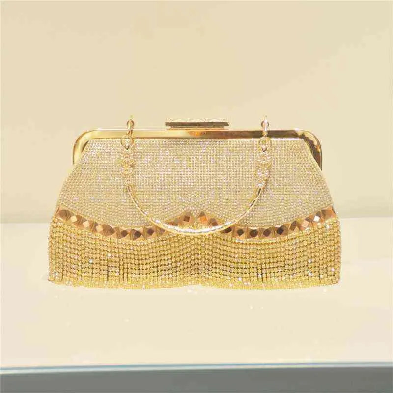 NXY Evening Bags Women Purses and Handbags Luxury Designer Clutch 2022 New Rhinestone Banquet Gold Party Purse Chain Shoulder 220210