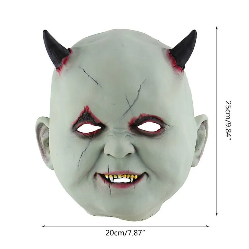 Halloween Creepy Scary Full Face Mask Horror Little Devil Demon Ox Horn Cosplay Costume Carnival Hounted House Drop