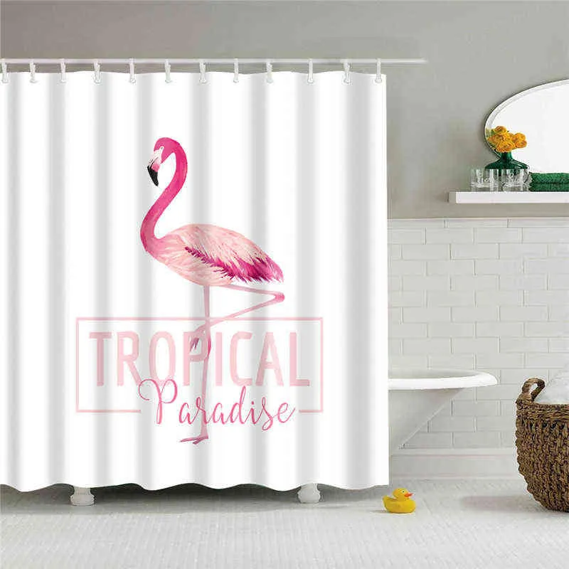 Flamingo Rideaux De Douche Plante Tropicale Feuilles Fleur Drôle Animaux Oiseau Motif Imprimer Style Européen Salle De Bains Suspendus Décor Ensemble 211116