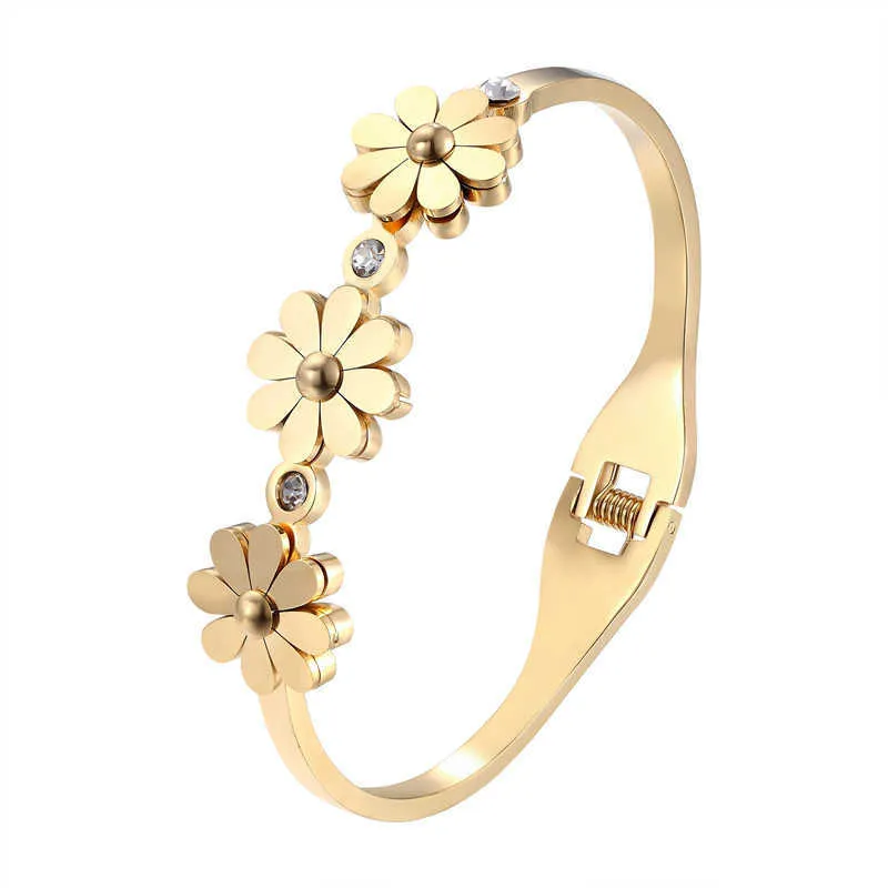 Милый хрусталь и 3 хризантема формы браслеты браслеты браслеты из нержавеющей стали весна открытый золотой цвет браслет для женщин бренд ювелирных изделий Q0722