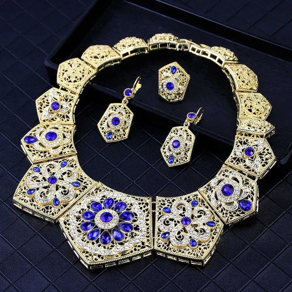 Sunspicems Marocko Bröllop Smycken Satser Guldfärg Drop Earring Ring Bangle Halsband Crown Caftan Belt Arabiska Dubai Smycken H1022