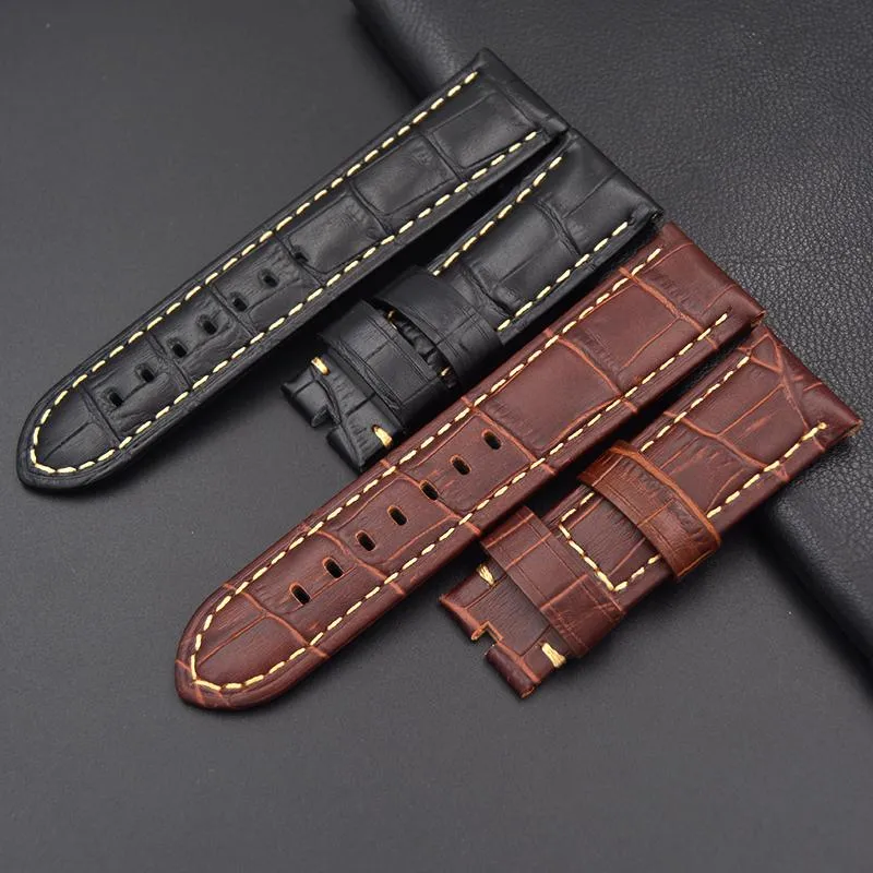 Watch Bands 22mm 24mm Leather Thick Strap Genuine Band For Pam Brown Black Straps Bracelet Wristband250g