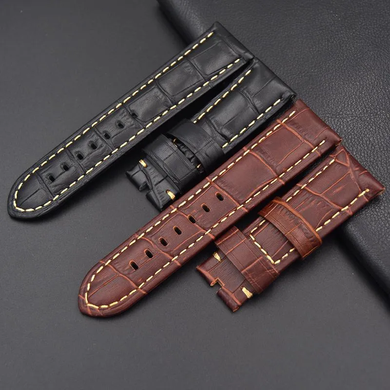 Watch Bands 22mm 24mm Leather Thick Strap Genuine Band For Pam Brown Black Straps Bracelet Wristband2872