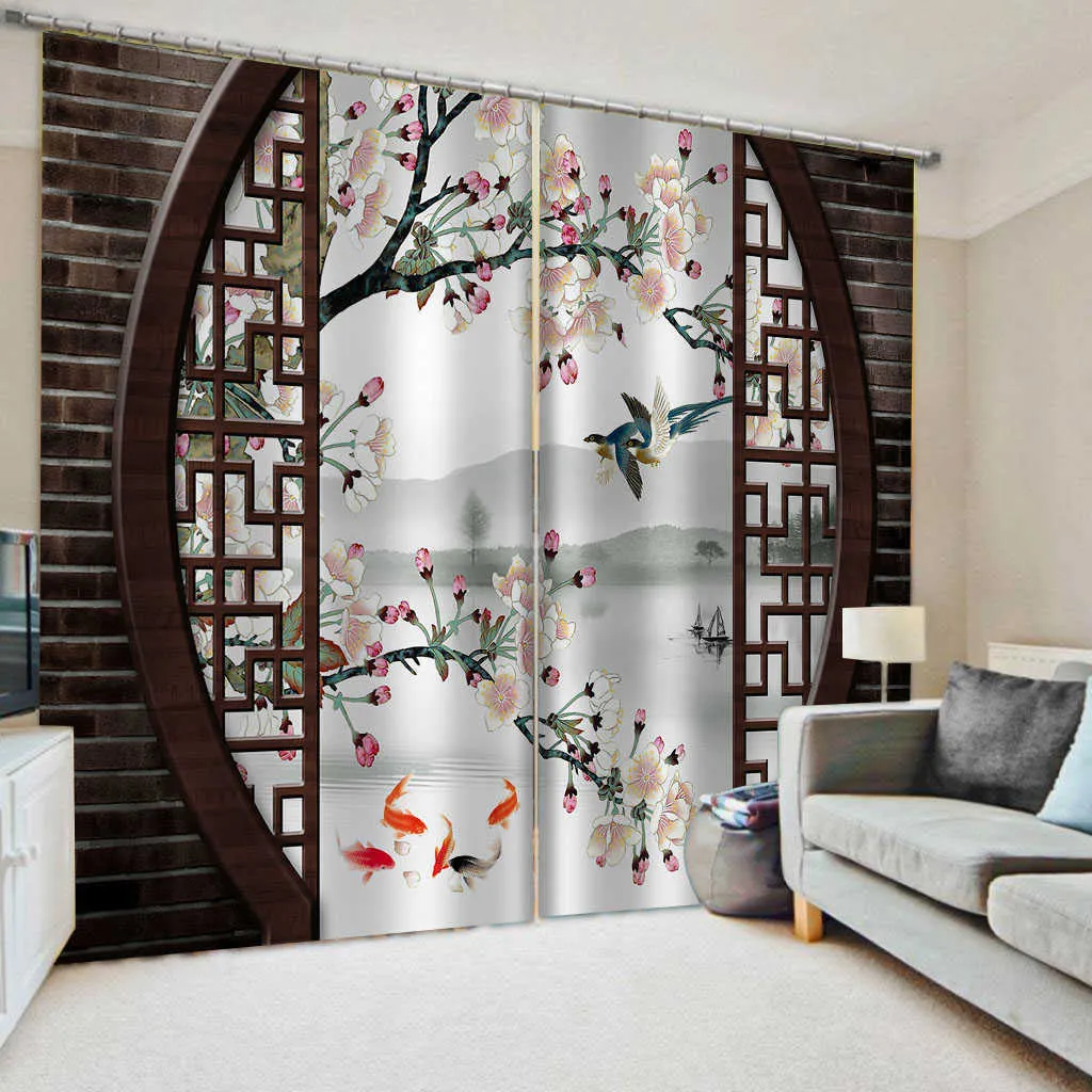클래식 홈 장식 커튼 디자인 3D 커튼 중국어 스타일 벽돌 매화 조류와 꽃 커튼 그늘 창 커튼 침실 210712