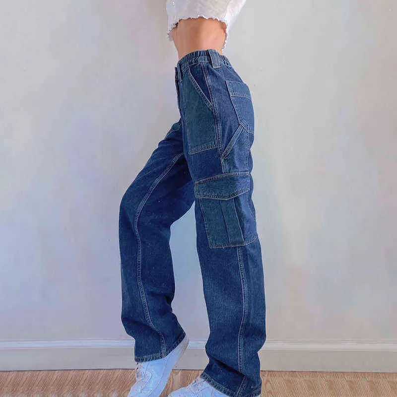 JMPRS, pantalones vaqueros de cintura alta para mujer, pantalones vaqueros holgados con bolsillos de estilo pijo de primavera, pantalones informales con bolsillo de retazos azules, pantalones de calle 211112