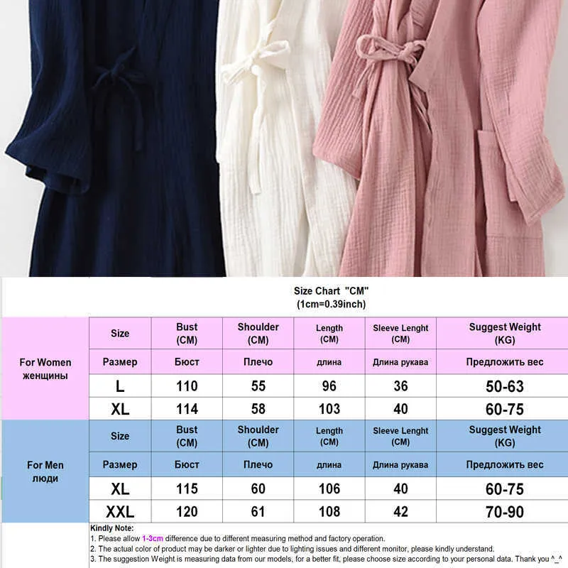 Kimono Bathrobe Sleepwear Nightgown Summer Nightwear Dressing Couple's Pajamas 100% Cotton Lingerie Intimate Japanese-Style Pink 210924