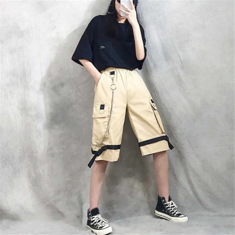 Harajuku Streetwear Donna Casual Harem shorts con catena Solid Black Cargo Gothic Cool Fashion Hip Hop Pantaloni lunghi Capris 210621