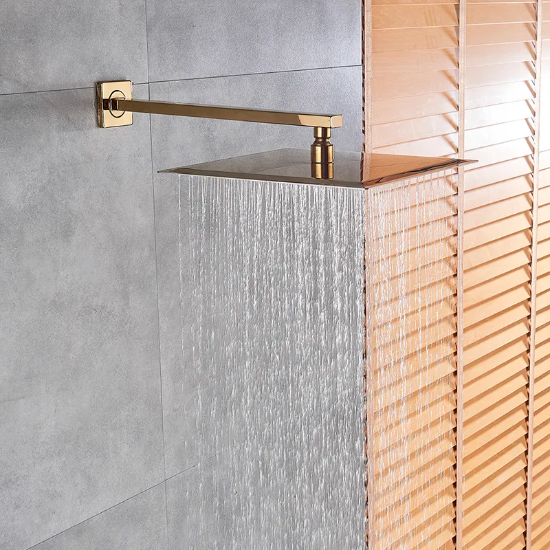 Gold Polish 8"/10"/12" Square Rainfall Shower head Bathroom Ultrathin Rain Shower Head with Shower Arm Faucet Accessories Wall 200925