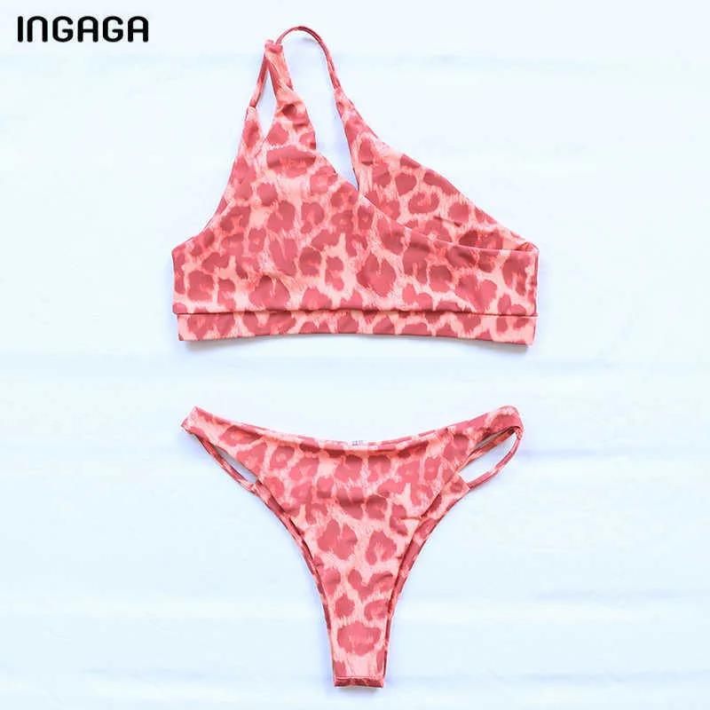 Ingaga Leopard Bikini's Swimsuits Cut Out Stroje Kąpielowe Kobiety Jedno Ramię Biquini Stringi Kąpiel Push Up Beachwear 210621