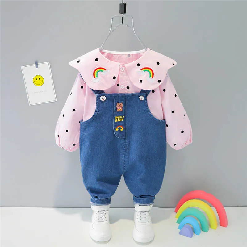 Hylkidhuose höst våren baby tjejer kläder sätter toddler spädbarn kläder lapel regnbåge overall byxor barn barn kläder x0902